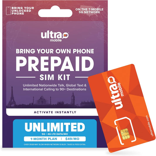 $49/mes. Plan telefónico prepago Ultra Mobile con llamadas, mensajes de texto y datos ilimitados (kit de tarjeta SIM)